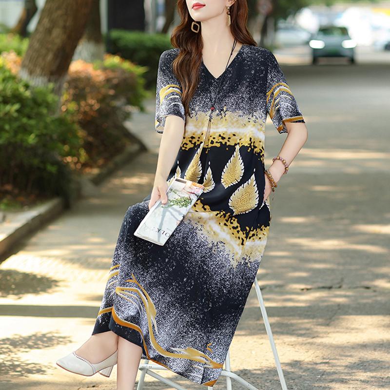 Women's Plus Size V-Neck Floral Long Dress – Short Sleeve Loose Fit Casual Dress with Pockets (Sizes XL-5XL)