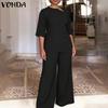 VONDA 2PCS Women 3/4 Sleeve Blouse and Pants Casual Elegant Two Piece Suit Sets
