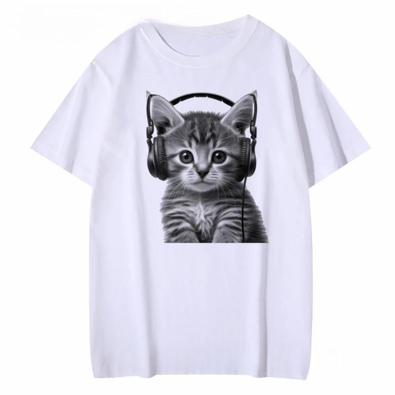 Kawaii Kitten With Headphones Print Women T Shirt Short Sleeve O Neck Red T-shirt Ladies Tee Shirt Tops Clothes Camisetas Mujer