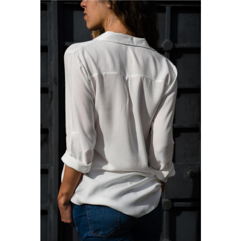 Women's Spring Autumn Chiffon Blouse Long Sleeve Deep V Neck Button Down Solid Color Casual Office Plus Size Shirt for Ladies