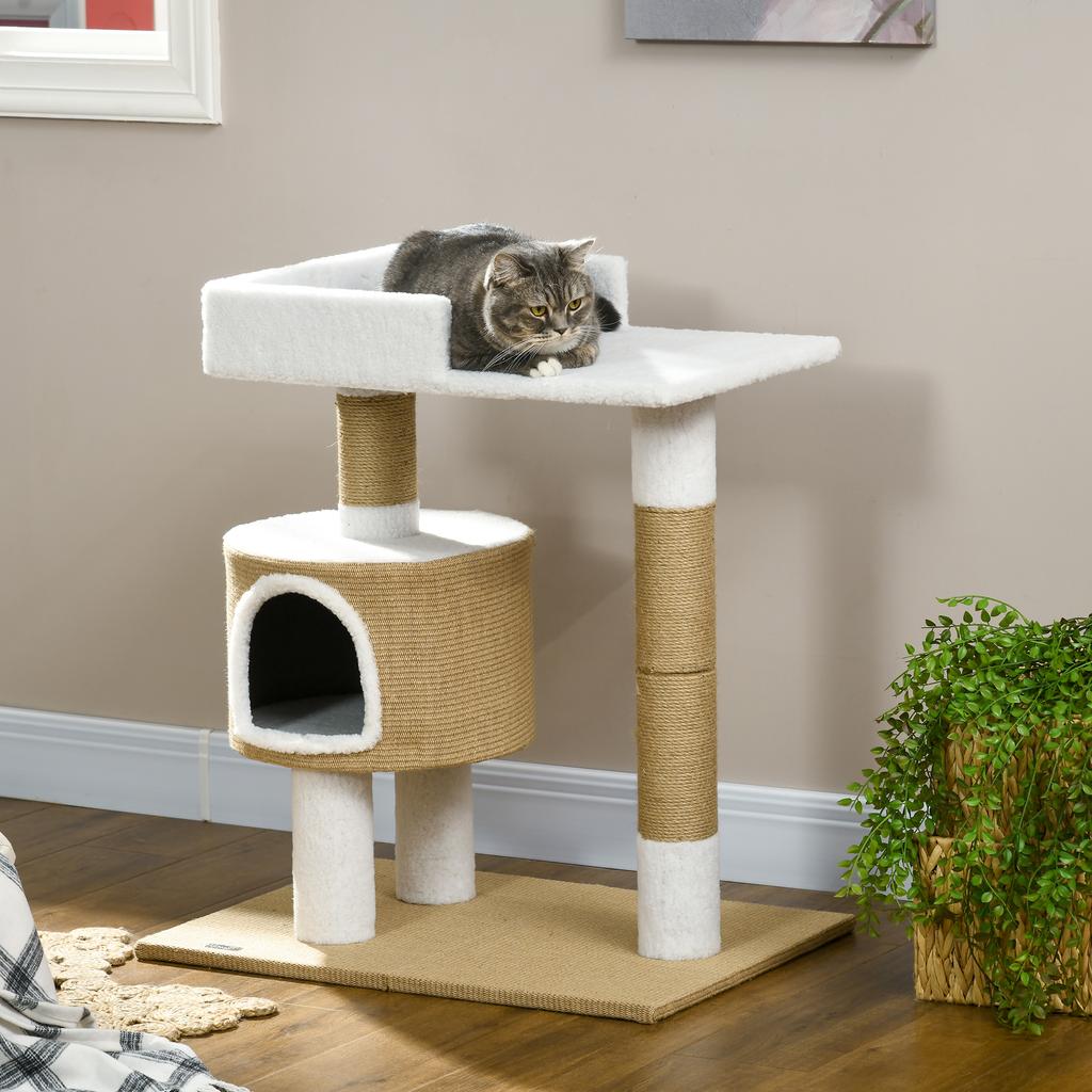 Scratching Post Cat Tree Cat Cave, 1 Cat Cave, 1 Lying Area, 70 cm x 49 cm x 79 cm, Natural + White