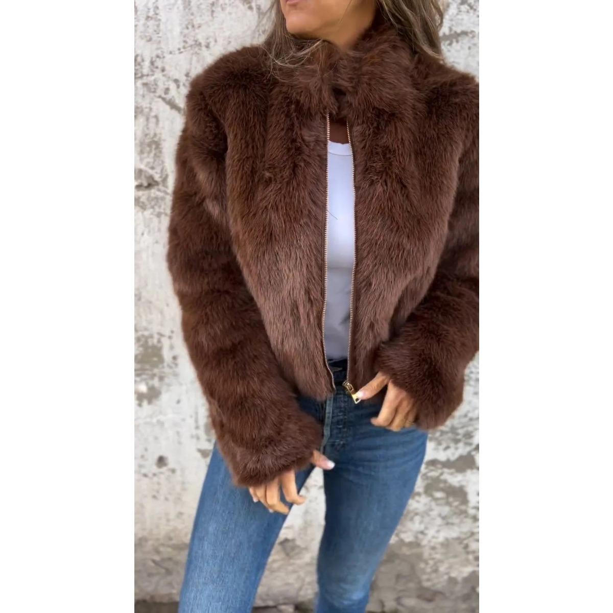 

2025 New Autumn Winter Women s Faux Fur High Neck Zip Casual Coat Outerwear M темно-коричневого кольору