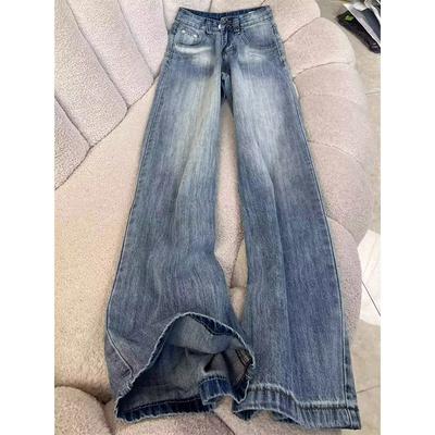 Gewassen Geborduurde Rechte Jeans Dames Sense Amerikaans Hoge Taille Los Veelzijdig Slank Wijde Pijp Vloerlengte Broek