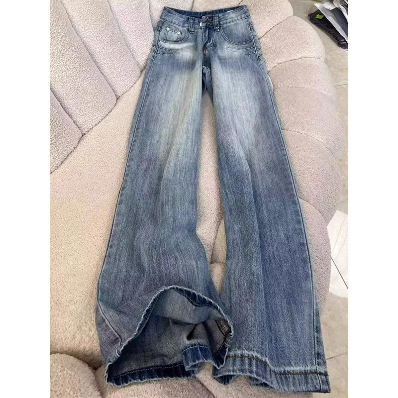 

Выстиранные Вышитые Прямые Джинсы Женские Чувство Американский Высокая Посадка Свободные Универсальные Стройнящие Широкие Штанины Длина в Пол S синий