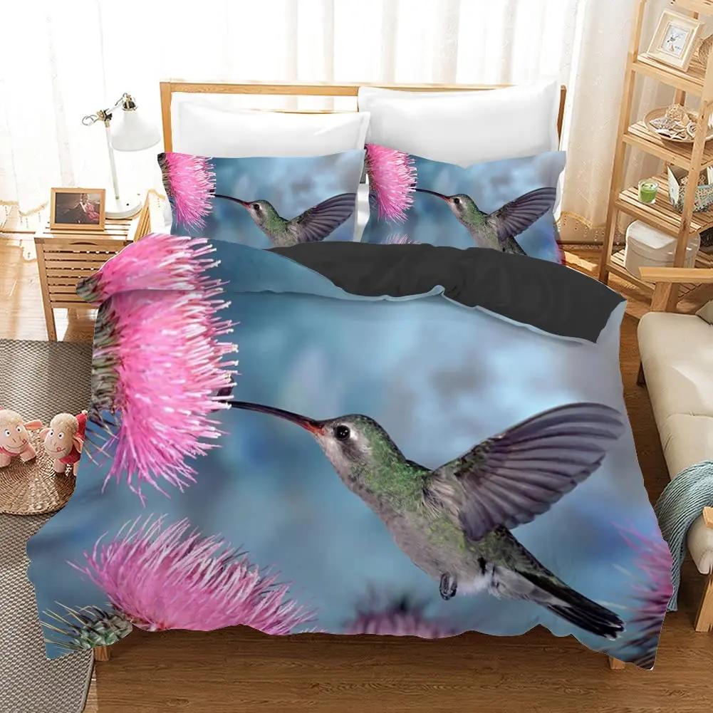 Kolibri påslakan med virvlande blad och blommor, med vårtema, dekorativa sängkläder, blek elfenben, rumsdekoration, kvinnor