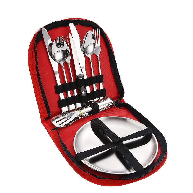 Stainless Steel Tableware, Western Cuisine, Steak, Knife, Fork, Spoon, Plate Set, Outdoor Camping, Portable Bag Set