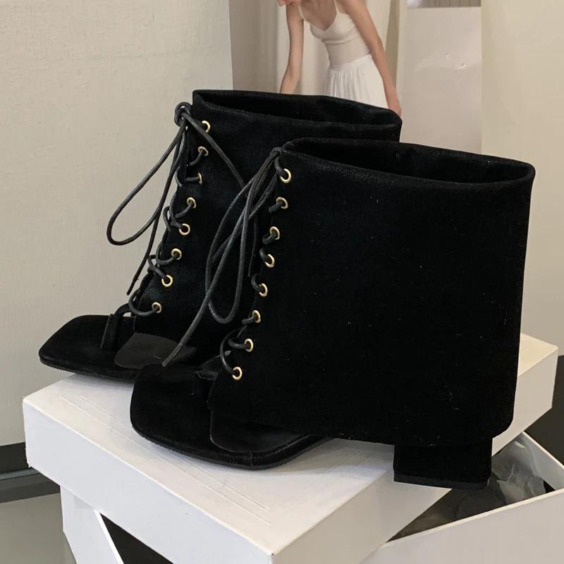

Street Style Fashion Vintage Square Clip Toe Women Ankle Boots Sandals Design Low Heels Cross Lace Up Shoes 35 чёрный