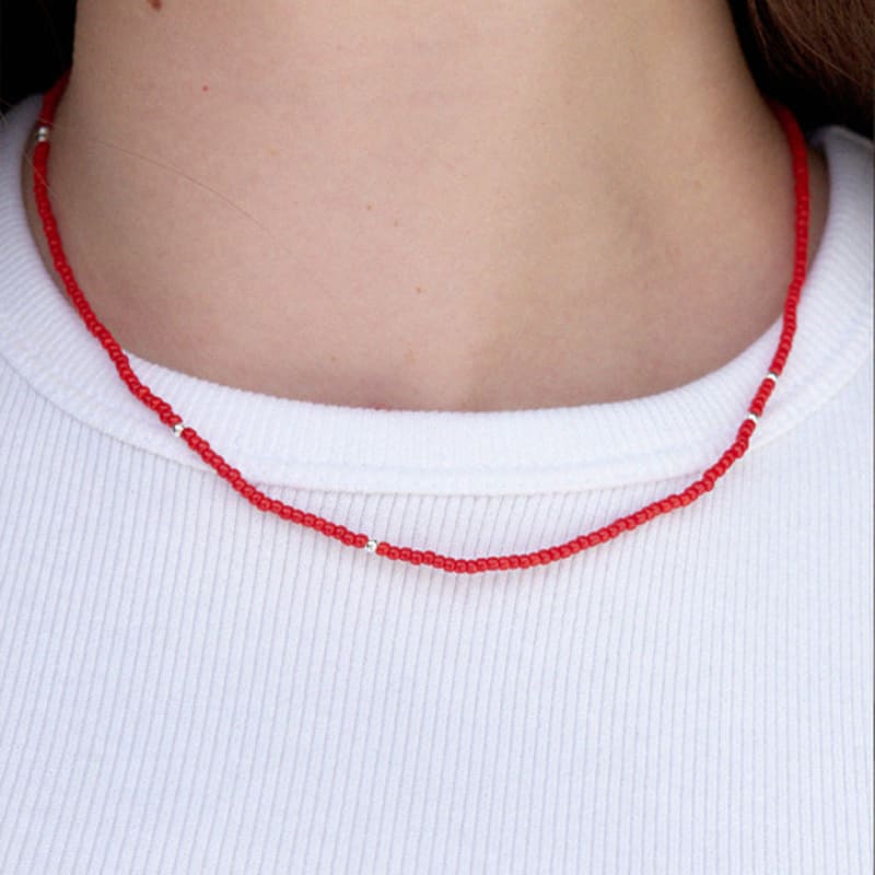 leeENoir Red Beads Silver Ball Necklace