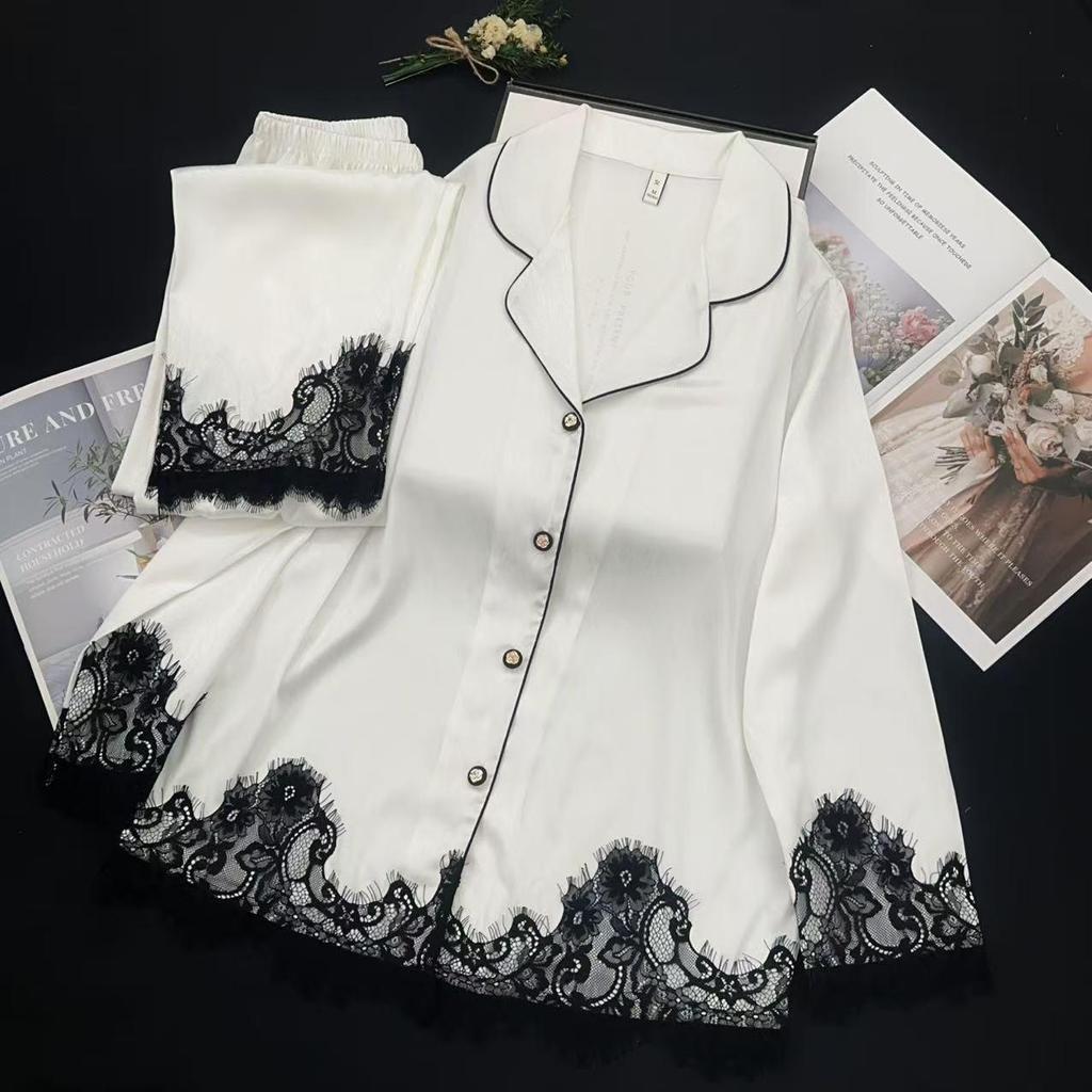 Women's French Luxury Ice Silk Lace Pajamas Set - Long Sleeve & Pants