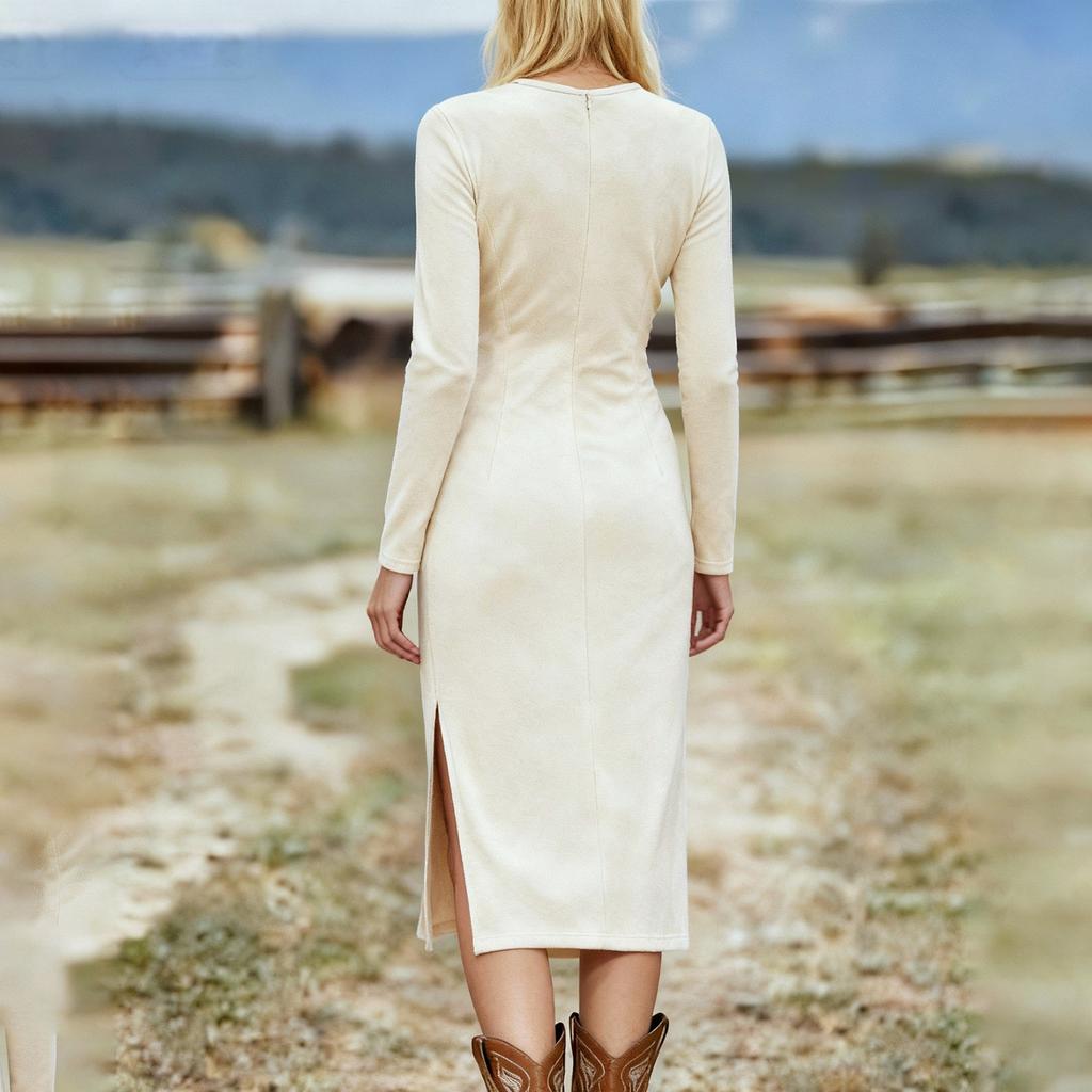 Women's Color Suede Retro Western Round Neck Slim Fit Long Sleeved Fringe Dress