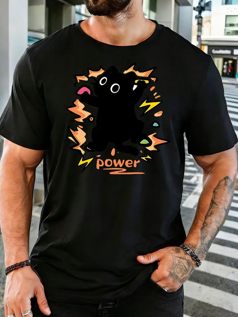 Unisex Cartoon Black Cat Power Art Print Graphic Cotton Short Sleeve Tee Crew Neck Soft Male Summer Casual Breathable Street Top