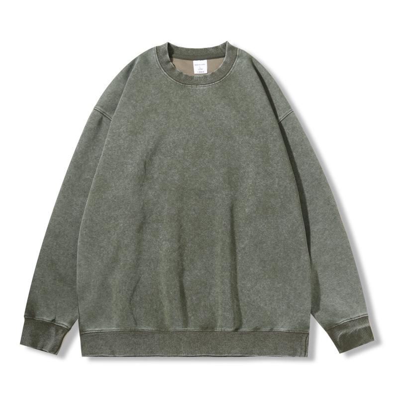 New 350g heavy-weight distressed round neck sweatshirt with snowflake print, European and American loose fit, long-sleeved