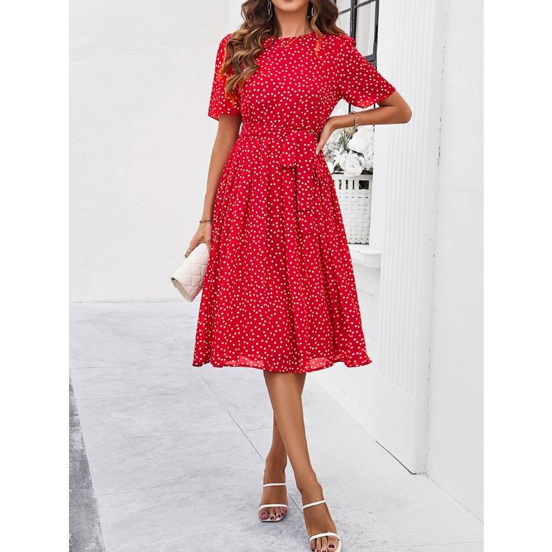 2025 Spring and Summer Fashion Versatile Temperament Casual Polka Dot Tie Long Dresses Dresses for Women