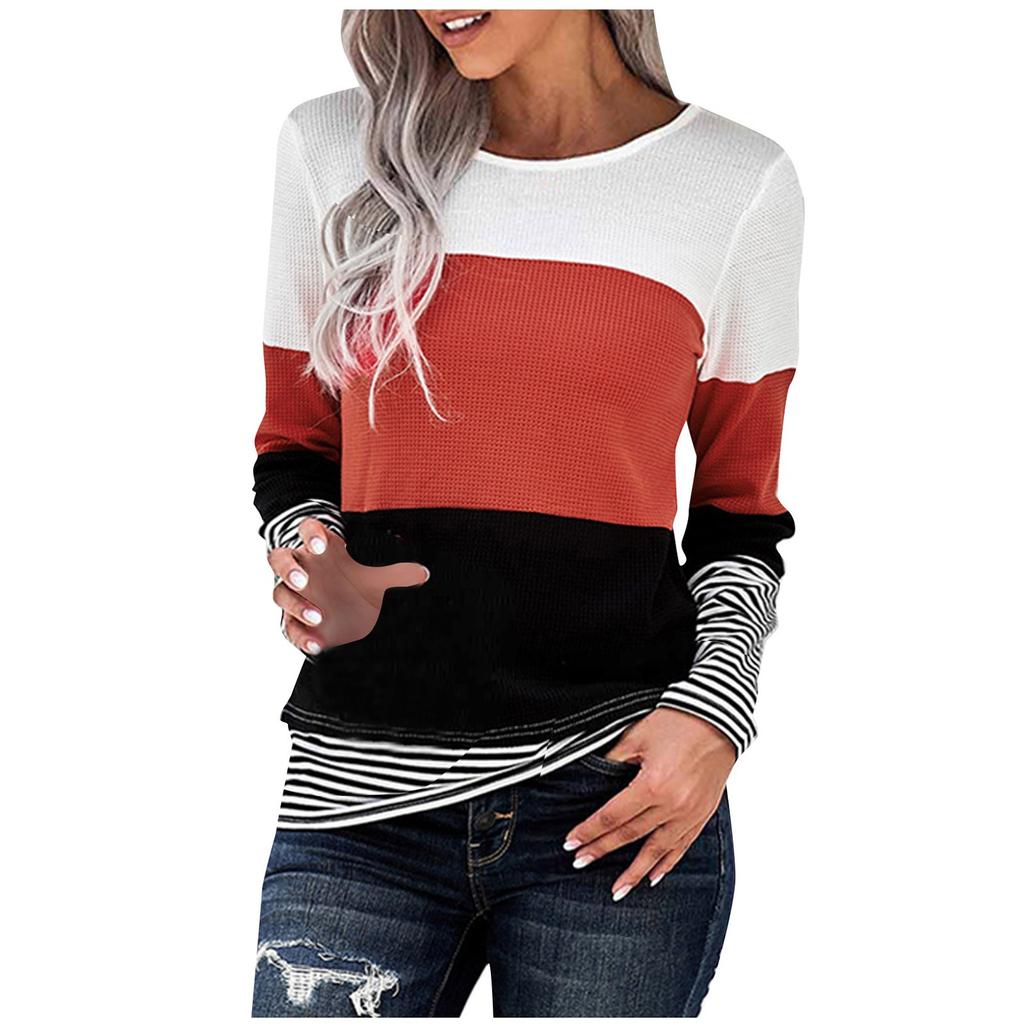 Winter Women's Long-Sleeved Striped  Stitching Sweatershirt Tops