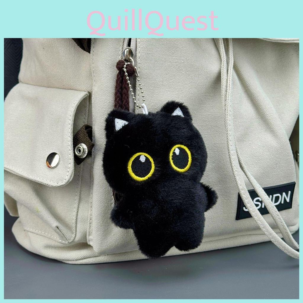 Big Eyed Black Cat Plush Keychain With Beaded Chain For Bag Accessories