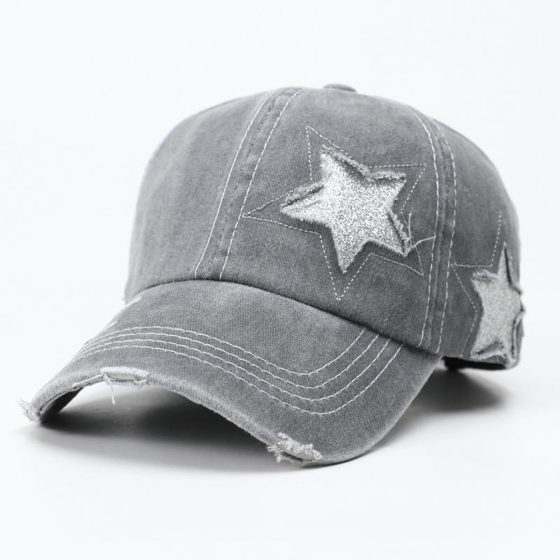 Ripped Shiny Braided Ponytail Cap, Glittering Star Baseball Cap, Washed Vintage Hat, Women's Sports Sun Hat