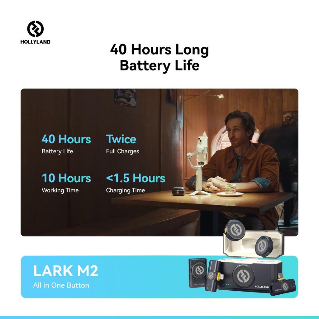 Hollyland Lark M2 Wireless Microphone, 48kHz/24bit Studio Sound, 300m Range, 40H Battery, Noise Cancellation, Magnetic Clip, for Camera Phone Vlog
