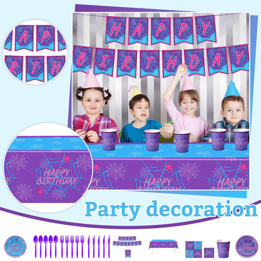 Blue Purple Web Theme Birthday Party Atmosphere Decorations Supplies Banner Bunting Paper Plates Tableware