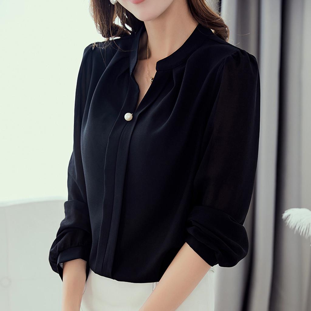 Long Sleeve Solid V-Neck Casual Tops 