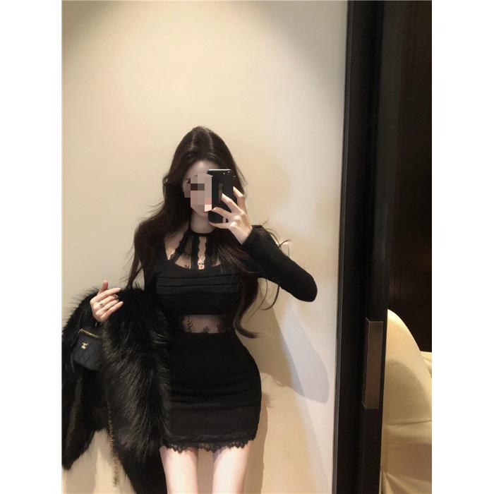 

Чистое и сексуальное платье с кружевной вставкой, длинным рукавом и облегающего кроя - Подчеркивающее талию, с короткой юбкой, приподнимающей бедра, для осени/зимы Medium чёрный