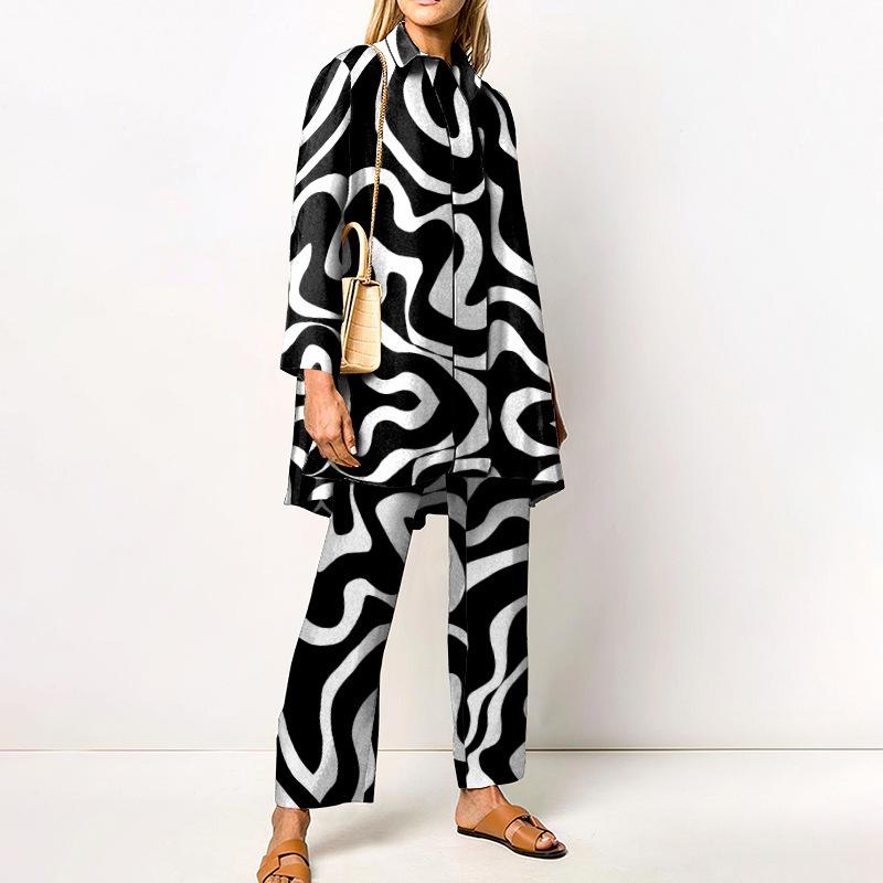 Grünes geometrisches Print Damenhemd und Wide Leg Hosen Kombinationsset