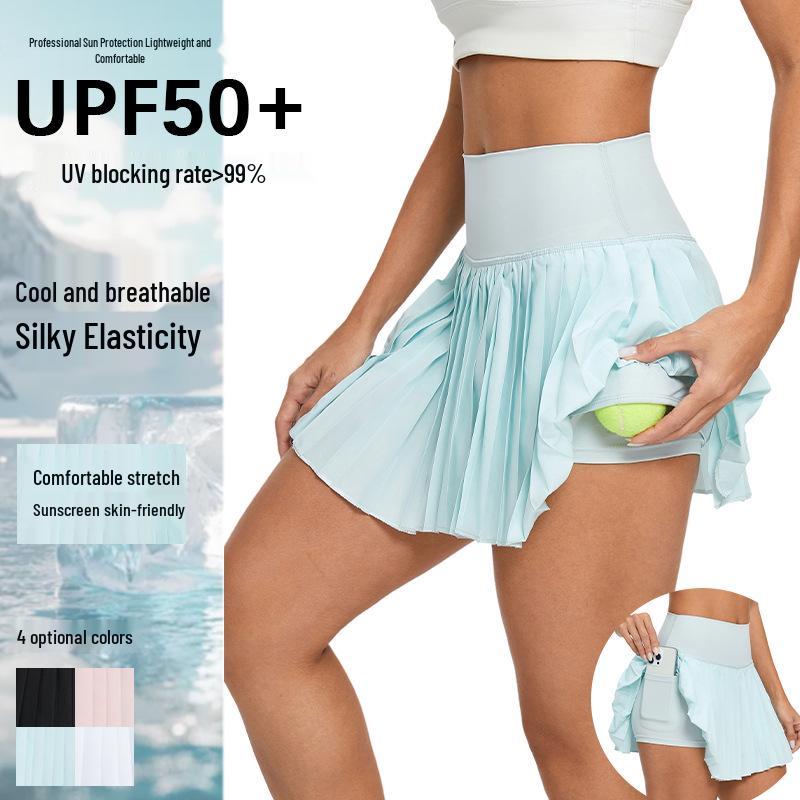 High-Waisted Pleated Sports Mini Skirt with Pockets - Women's Anti-Exposure Tennis Skirt