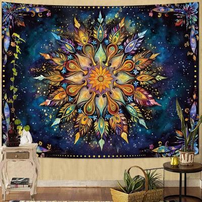 Tapisserie Mandala Plume de Paon Bohème, Impression Florale Colorée avec Fond Galaxie Étoilée Grande Décoration Murale pour Chambre à Coucher
