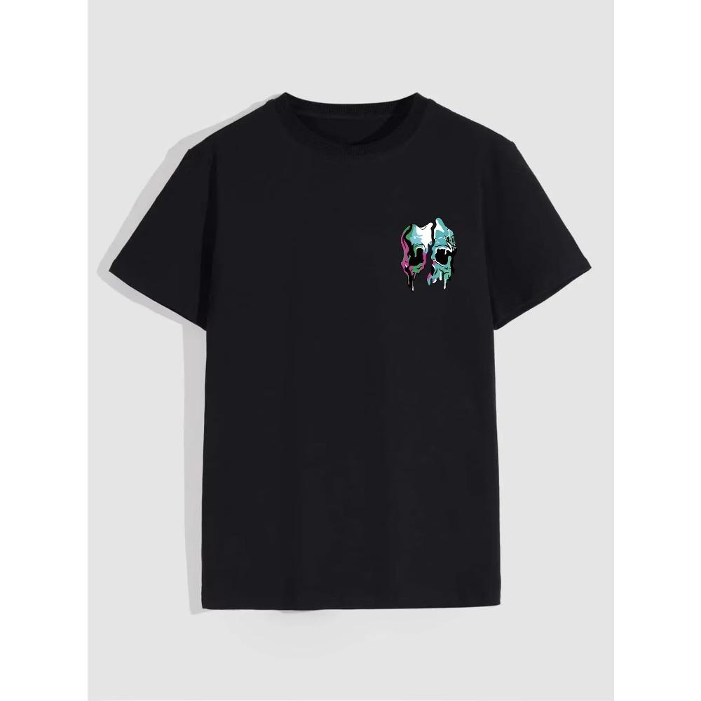 Molten Skull Print T-Shirt for Men's Casual Crew Neck Short-Sleeve Fashion Summer T-Shirts Tops, Regular and Oversize Tees