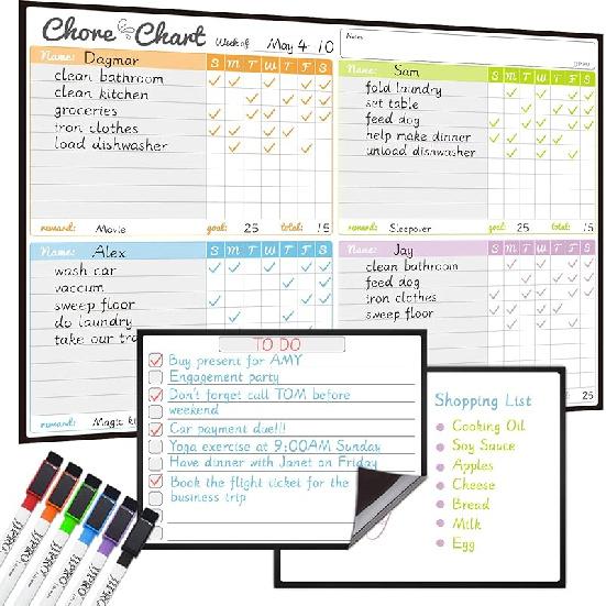 JJPRO Magnetic Dry Erase Chore Chart Set for Fridge-Used for Multiple Kids-One Chore Chart and Two Bonus Dry Erase Pad/Grocery Boards-Behavior Chart Chore