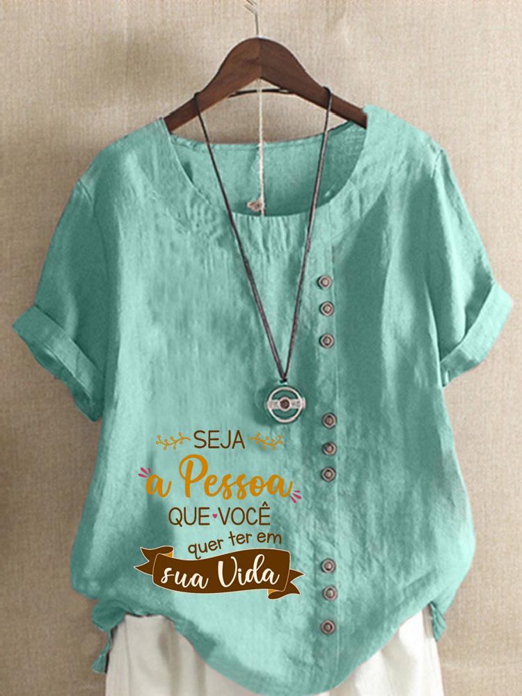 Women's Fashion Letter Print Round Neck Short Sleeve T-shirt Casual Cotton Linen Graphic Shirt Leisure Loose Summer Blouse Tops