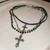 Gothic Dark Style Beaded Thorns Rivet Cross Pendant Necklace Women's Punk Vintage Double Layer Chain Choker Jewelry Accessory