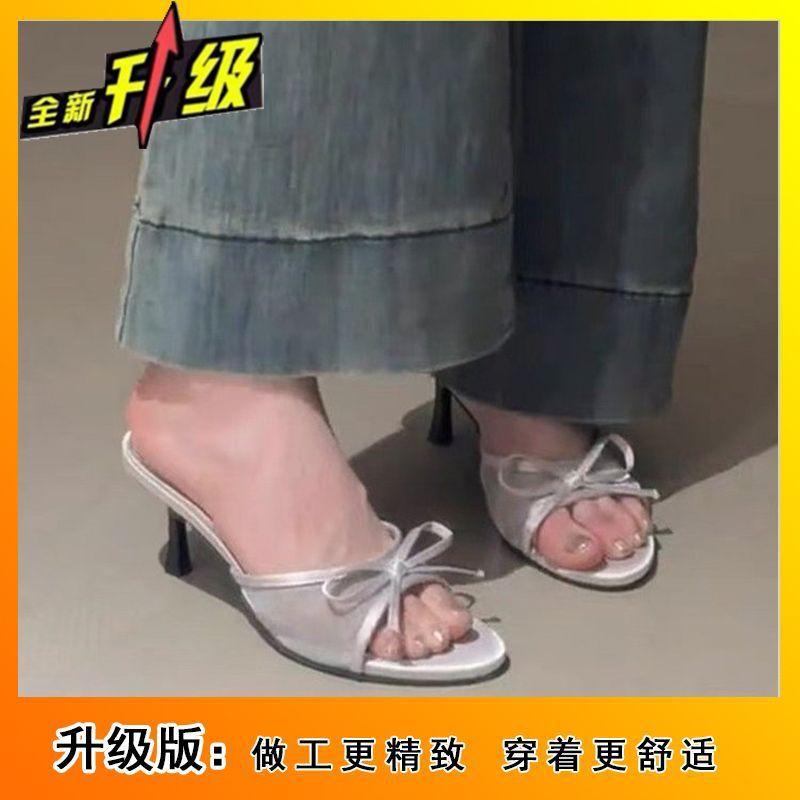 Skinny Thin Heel One-word Versatile Slippers Women's 2025 Summer New Bow Round Head Open-toed High-heeled Sandals