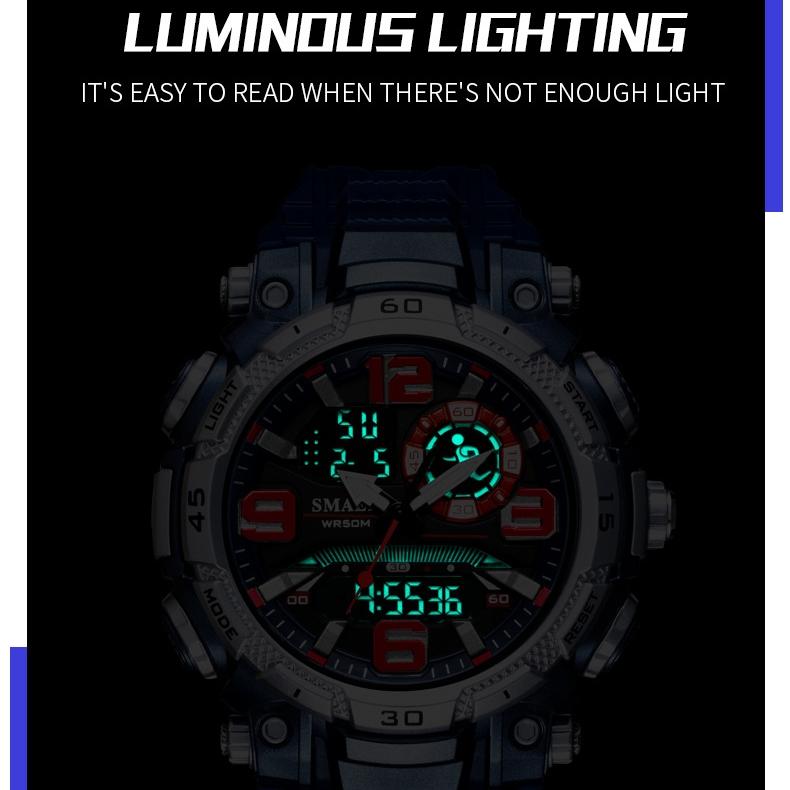 SMAEL Dual Display Electronic Watch Teen Student Waterproof Sports Watch Glow-in-the-dark Alarm Clock