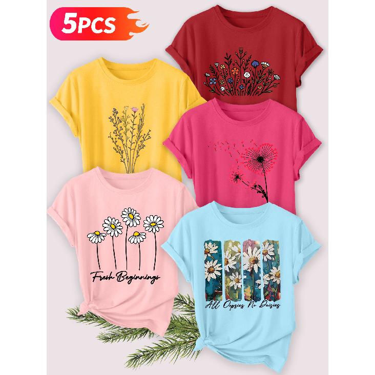 Five-piece set Elegant short-sleeved shirt for women Artistic floral print round-neck women's short-sleeve shirt suitable for spring and summer