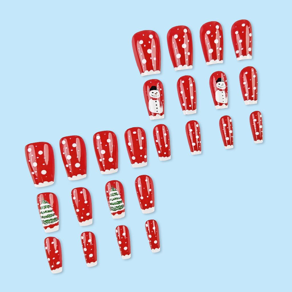 White Tips Press On Nails Christmas Theme Fake Nails with Snowman Pattern for Stage Performance Wear