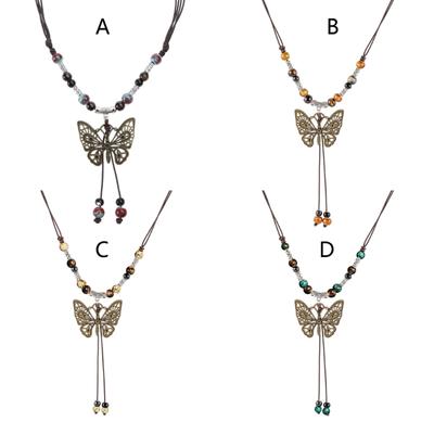 Vintage Wax Rope Handmade Ceramics Beads Butterfly Pendant Necklace For Lovers Women Sweater Chain Aesthetic Jewelry