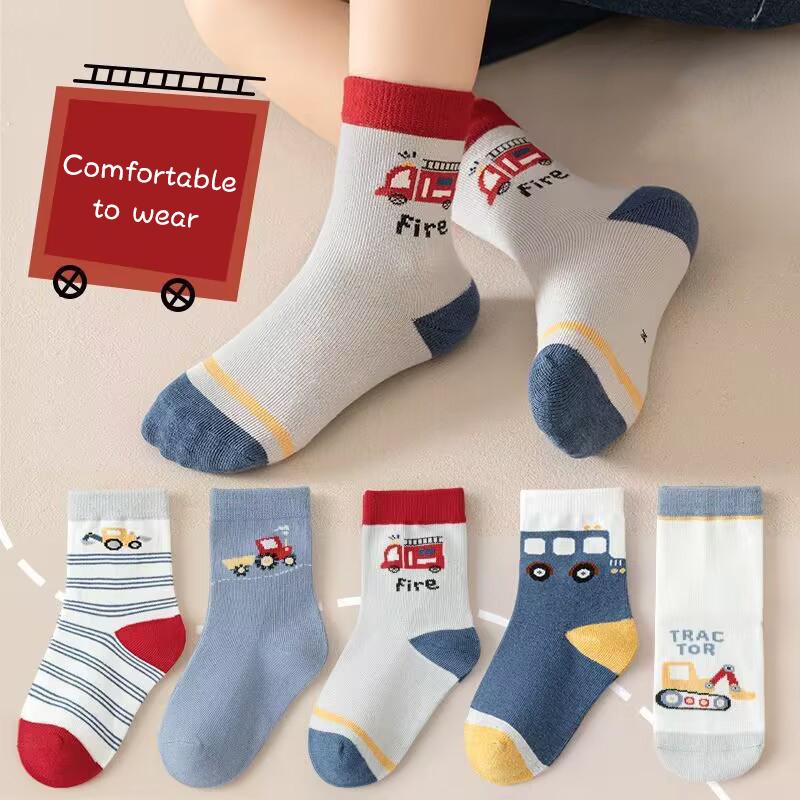 5Pairs Autumn Children Cotton Socks Fashion Car Boys Sports Sock Soft Comfortable Kids Middle Tute Socks 1-14Year Baby Footwear