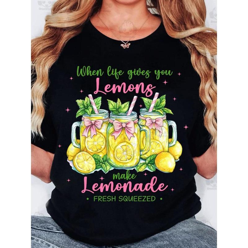 

European Size When Life Gives You Lemons, It s Fun. Letter Patterns, Trendy Short Sleeved T-shirts, Letter Printed, Round Neck,Comfortable Breathable 4XL