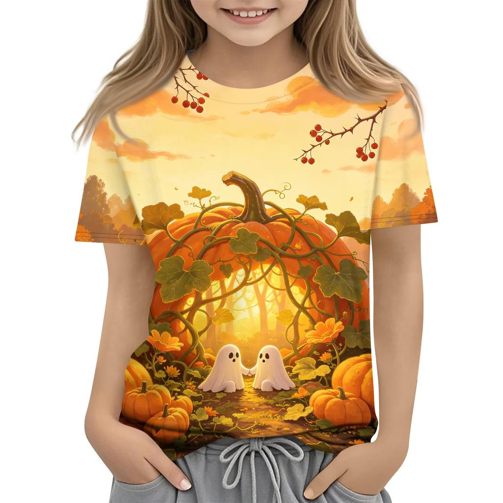 Kids Halloween Printed Short Sleeve T Shirt Casual Round Neck Top Boys Girls Comfortable Fit All Over Pattern Tee