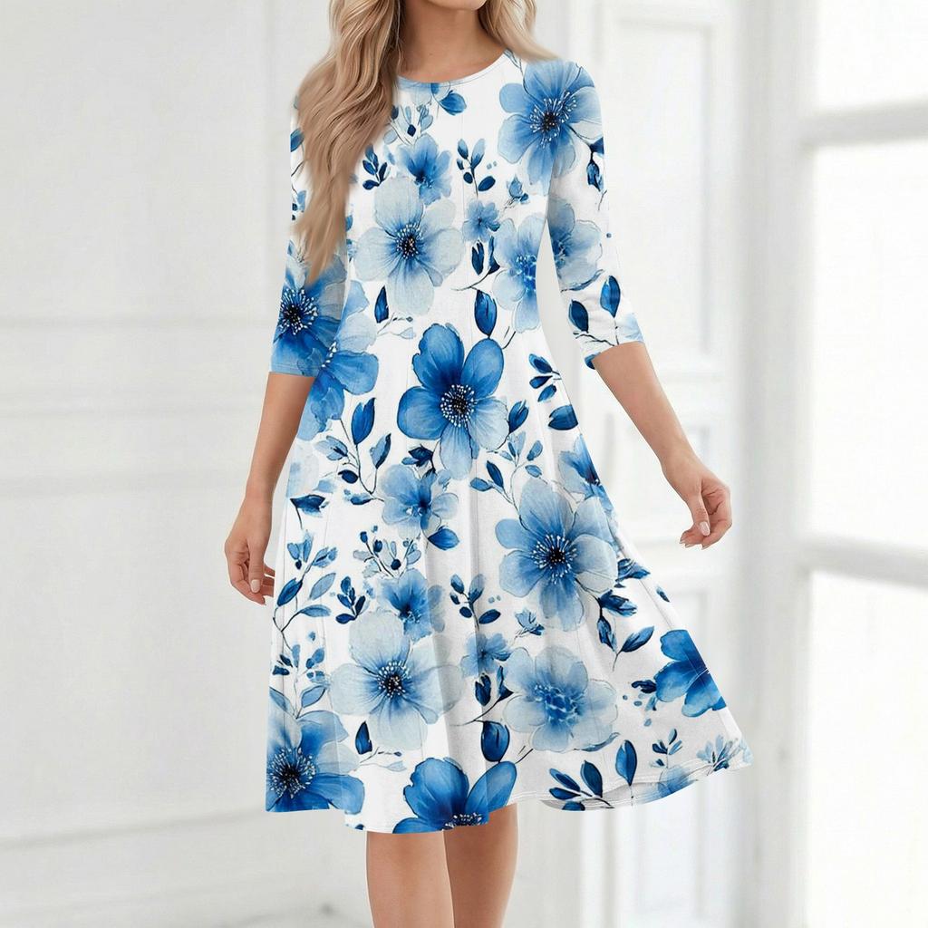 Women’s Casual Crewneck Three Quarter Sleeve Floral Print Midi Dress Relaxed Fit Mid Length Soft Fabric Dress