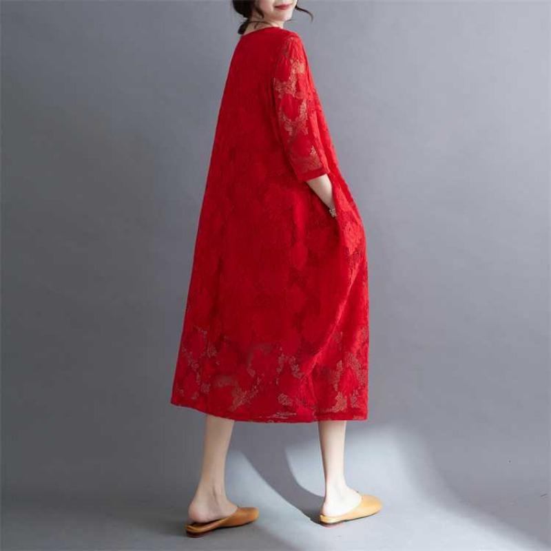 Summer Ethnic Style Lace Vintage Loose Dress Women Print Solid Color Round Neck Patchwork Pocket Long Sleeved Casual Versatile Dresses