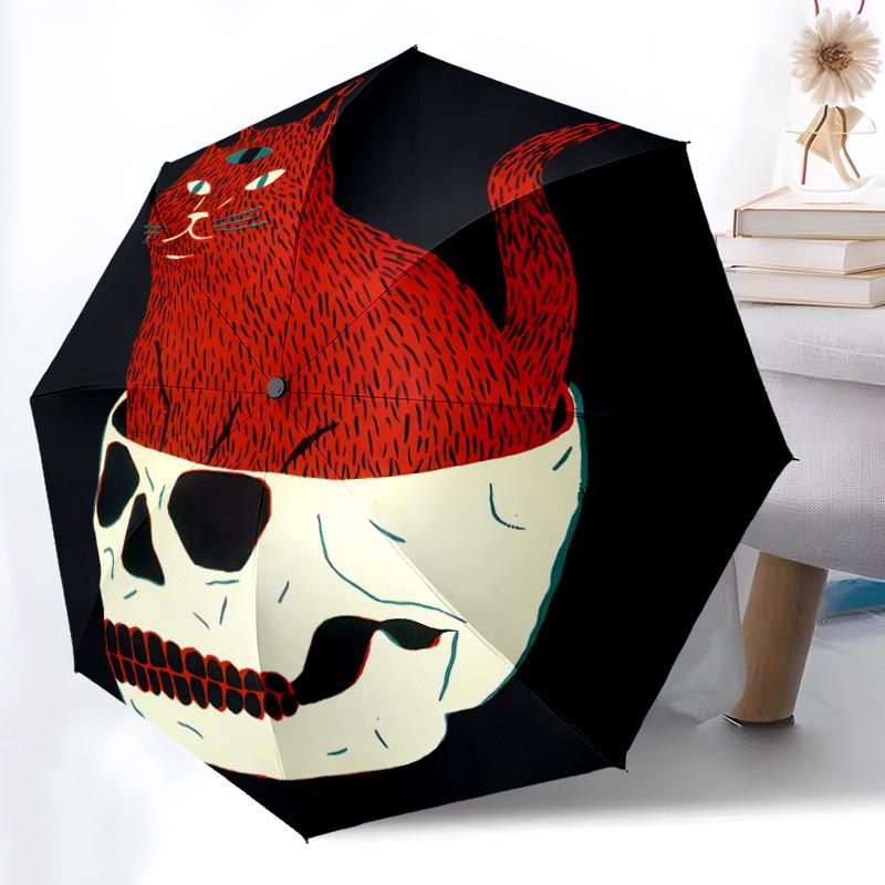 1pc Cat Skull Automatic Umbrella - 8-Rib Portable Folding Black Iron Frame for Outdoor, Beach, Travel, Beach Umbrella,039