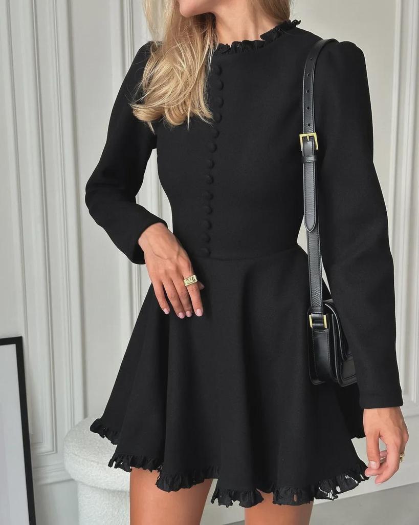 G2024 Fall/Winter Elegant Black Long Sleeve Round Neck Lace Dress