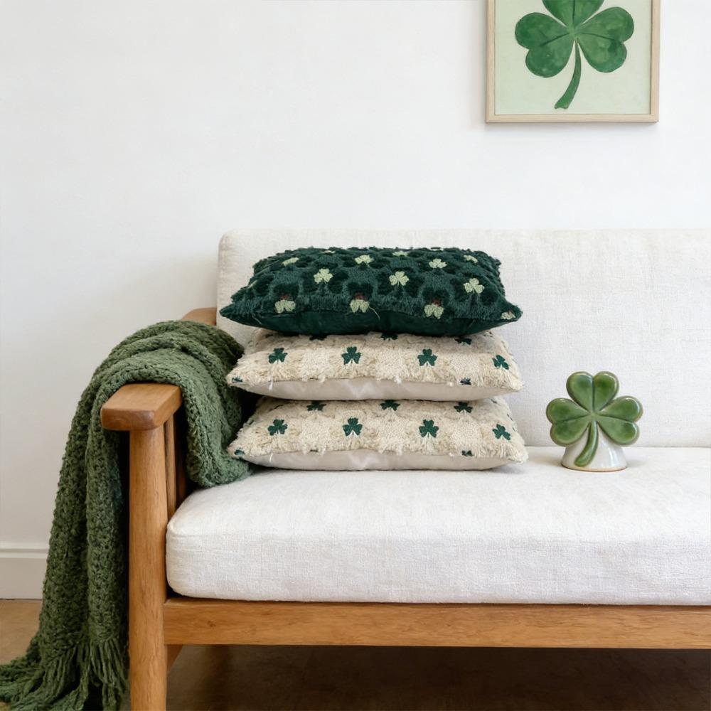 Practical Tufted St. Patrick'S Day Cushion Cover Zipped Embroidery Lucky Clover Pillowcase Square Throw Pillow Cover Bed Room