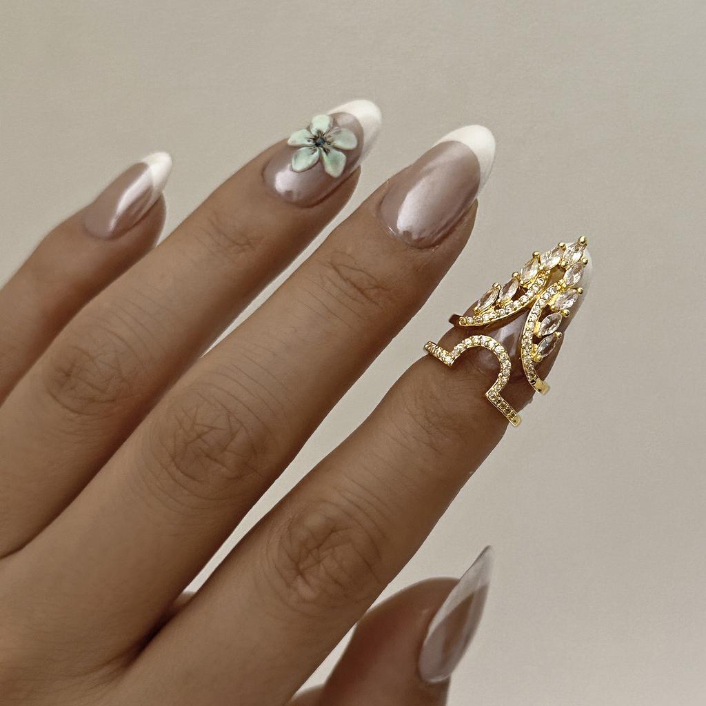 Exquisite Inlaid CZ Zircon Nail Ring for Women Creative Design Shiny Crystal Crown Flower Nail Open Ring Party Versatile Jewelry