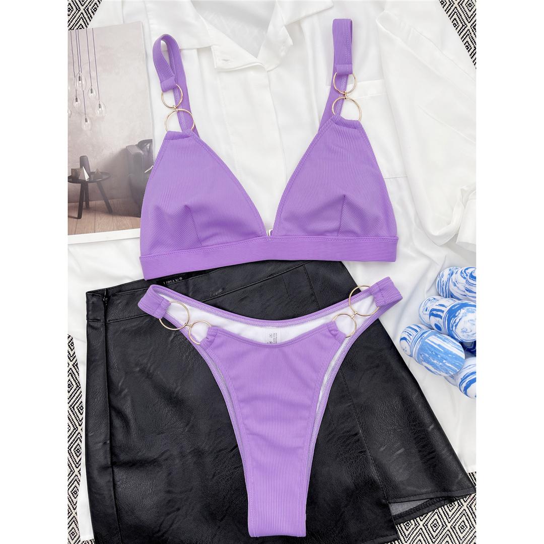

Сексуальные ребристые металлические кольца, мягкий бикини, женский купальник, женский купальник, комплект бикини из двух частей, купальный костюм, купальный костюм для леди L фиолетовый
