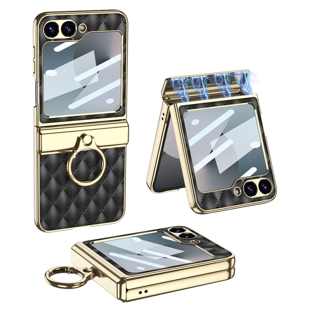 Samsung ZFlip6 Small Fragrance Diamond Plated Plain Leather Magnetic Hinge Rotating Shaft Full Inclusive Folding Screen Mobile Phone Case
