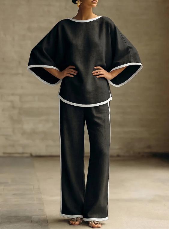 

Elegant Women s Round Neck Loose Batwing Sleeve Cotton Linen Two-Piece Set XL чёрный