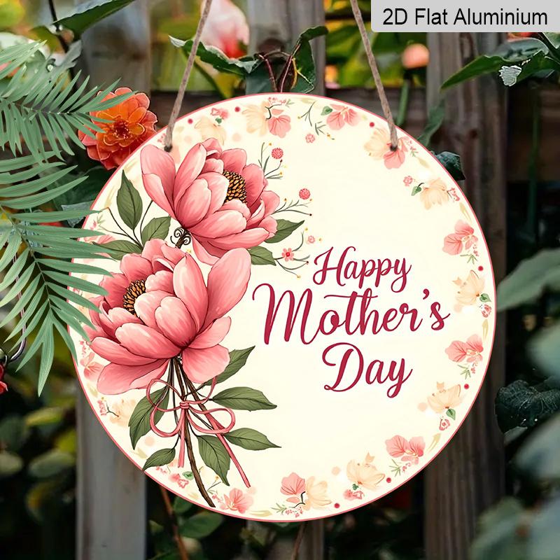 Piatto 2D, 1 pz 7,87 pollici Rotondo Decorazione Murale in Metallo di Alluminio - Segno Bouquet di Peonie Festa della Mamma con Rosa e Peonie, Fogliame Verde e Fiocco con Nastro Rosso