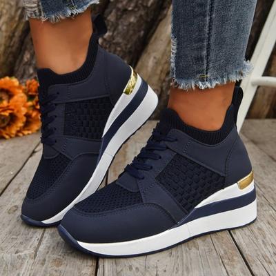 Damen Leichte Keil-Sneaker Dicke Sohle Atmungsaktive Lauf-Sportschuhe Frau Übergröße Mode Schnür-Plateau-Sneaker